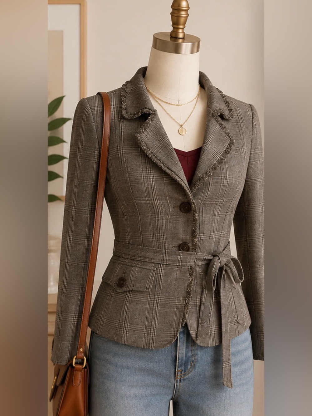 Plaid Ruffled Trim Belted Blazer